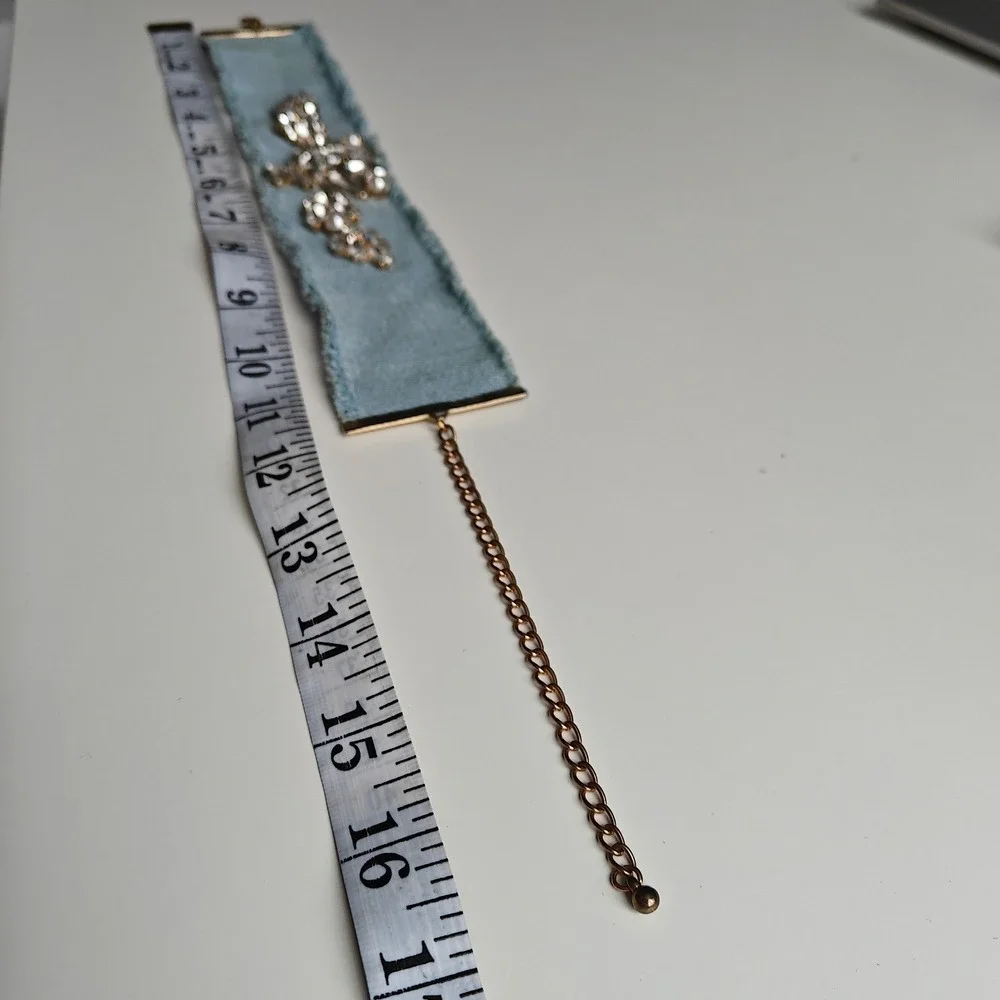 Light Blue Denim Choker Necklace Glass Crystal Rhinestone Faux Pearl Gold Tone